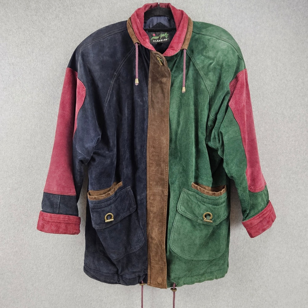 NEW YORK CLASSICS | Vintage 80s Colorblock Suede Leather Jacket Navy Green
